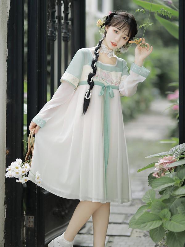 漢服 民族衣装 ドレス レディース 中国風 韓国 レース ワンピース 長袖 夏 リボン 刺繡 かわいい