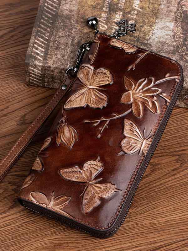 長財布 牛革 ジッパー 花 レトロ エンボス加工 ロングウォレット カード位置 ファッション レディース レディース