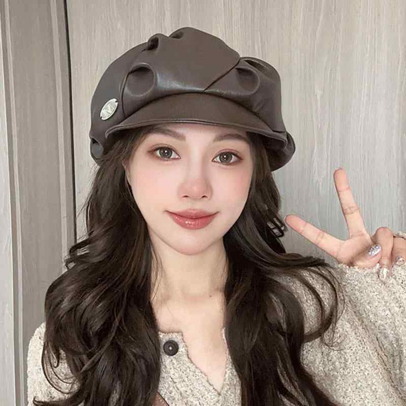 帽子 春秋 ベレー帽 PUレザー プリーツ ペインター帽子 キャスケット帽 八角形帽子