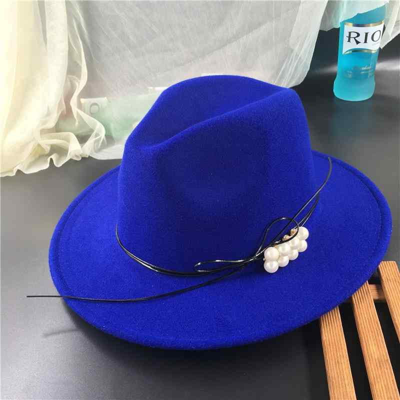 帽子 韓国 ウール帽子 アメリカ イギリス帽子 レディース つば広 帽子 レトロ サファイア ブルー フェルトハット カジュアル ジャズハット