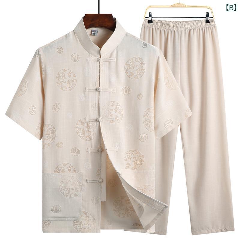 メンズスーツ 体操服 綿麻 セットアップ 半袖 ウエストゴム ゆったり 旅行 アウトドア 中国風 メンズファッション