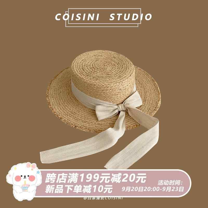 帽子 蝶 ネクタイ リボン ラフィア フラット トップ 麦わら レディース 夏 旅行 日よけ トップハット