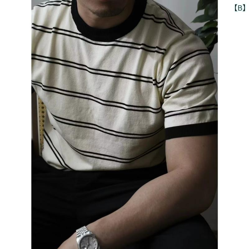tシャツ メンズ ニット ストライプ ラウンドネック Tシャツ 夏 スリムフィット しわ防止 コットン ファッション シンプル
