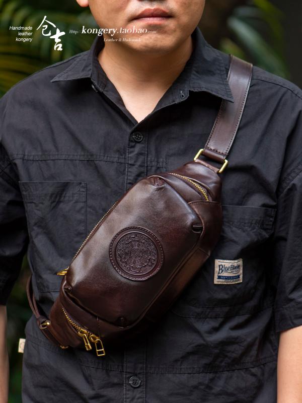 ヴィンテージ風 チェスト バッグ ベジタブル タンニン 鞣し牛革 メッセンジャーバッグ チェストバッグ ..