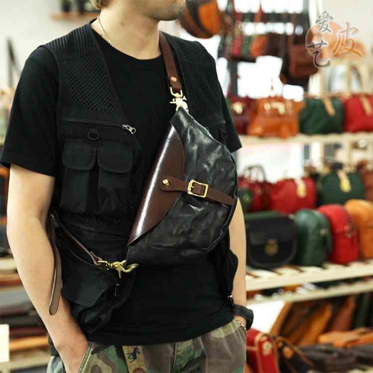 牛革 チェスト バッグ 銅バックル オートバイ メンズ レザー 植物 タンニン めし革 レトロ 斜め 真鍮 ..