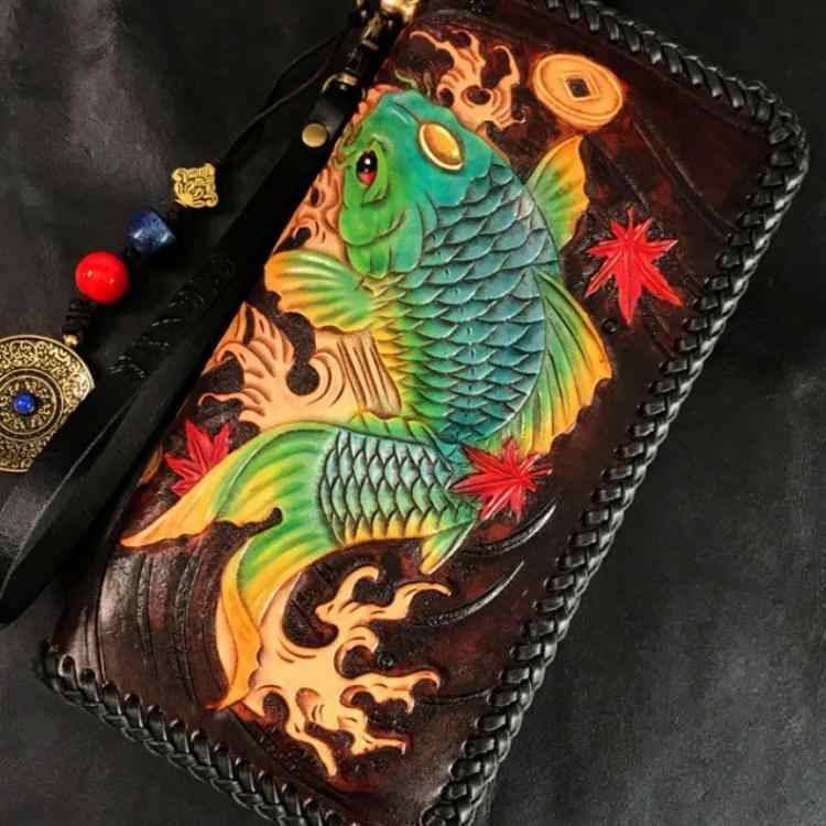 M - 長財布 メンズ ジッパー 手彫り クラッチバッグ 革 レザー レトロ おしゃれ 鯉 レッド ゴールド ブラック