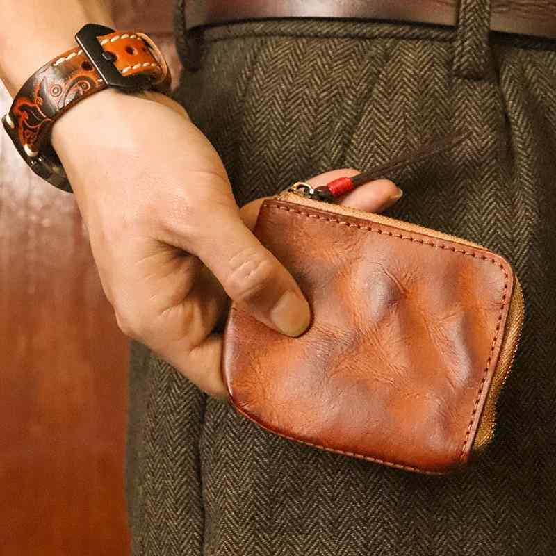 U, 吉 - 牛革 ジッパー レトロ 垂直 メンズ メンズ レザー コインバッグ 財布 チェンジビット レトロ シンプル