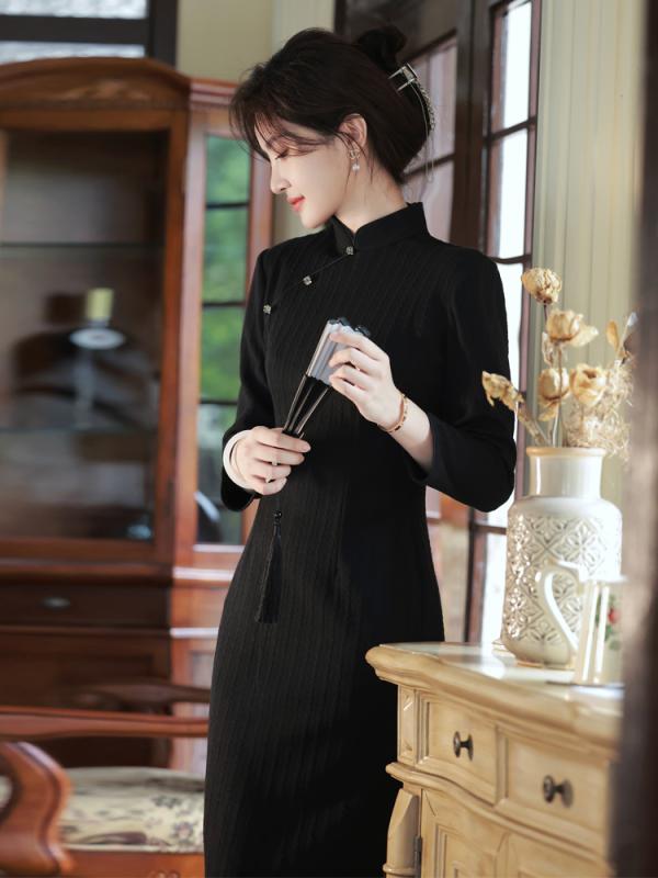 チャイナドレス レディース 黒 チャイナ ドレス レディース 長袖 秋冬 中華 中国 ワンピース ロースリット フォーマル ハイスリット