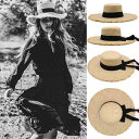 春夏 レディース 麦わら 帽子 広い フラット トップハット 海辺 旅行 かわいい リボン つば広