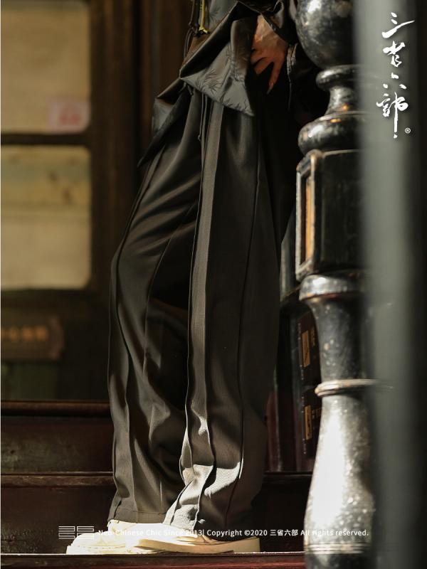 長ズボン パンツ 立体 仕立て ブラック 縦縞 カジュアル ストレート パンツ(4)