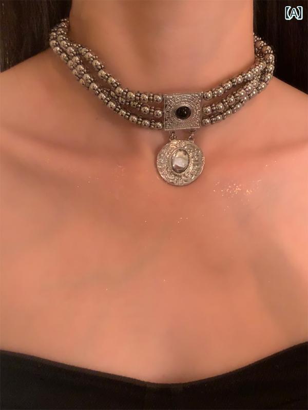 ネックレス アクセサリー レトロ エスニック シルバーグレー パール レディース 首輪 おしゃれ きれいめ