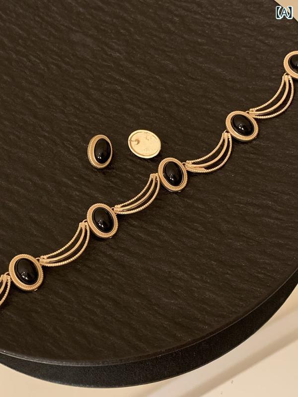 ネックレス レディース 女の子 アクセサリー おしゃれ レトロ オーバル ブラック ストーン ピアス セット