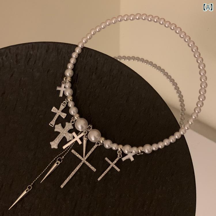 チョーカー ゴシック クール パール スタッズ クロス ネックレス アクセサリー ユニーク ネックレス レディース