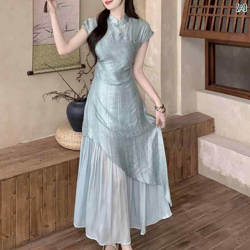 レディース ファッション ワンピース チャイナ風 瞑想 クール ジャカード チャイナドレス 夏 大きいサイズ お腹カバー スリム ロング スカート