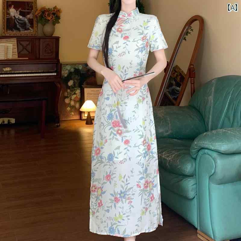 レディース ファッション ワンピース チャイナ風 ディスク ボタン スリム シフォン 花柄 ドレス スタンドカラー チャイナドレス 夏 大きめサイズ 腹カバー