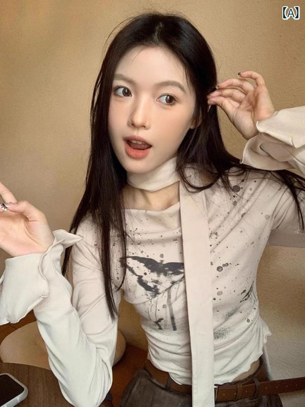 レディース 秋冬 長袖 ショート トップス オフショルダー ニット Tシャツ スリム バタフライプリント セクシー カジュアル フェミニン かわいい おしゃれ シック 衣装 イベント フェス デート