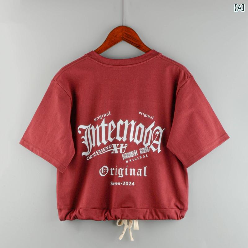 レディース 夏 半袖 ショート トップス 韓国 ウエストマーク プリント Tシャツ お腹見せ スタイリッシュ KPOP カジュアル トレンドファッション おしゃれ かわいい デイリー使い