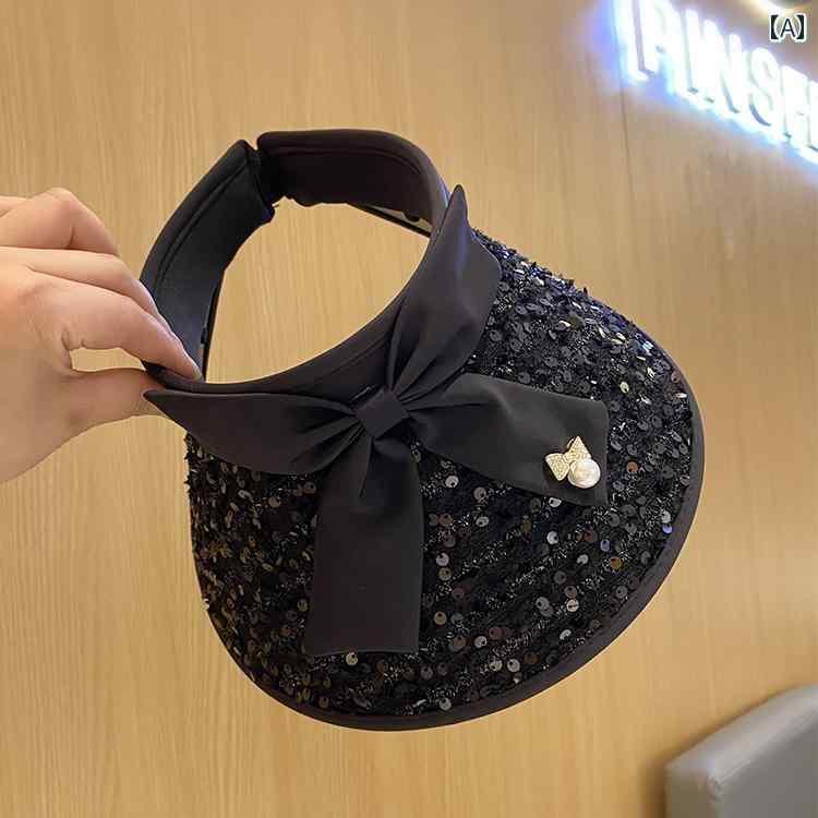 つば広 サンバイザー 夏 リボン スパンコール キラキラ オープントップ ハット 旅行 レディース 老化防..