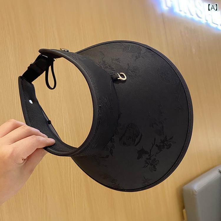 つば広 サンバイザー 夏 中国 ジャカード オープントップ ハット レディース 抗UV 旅行 レジャー 日焼..
