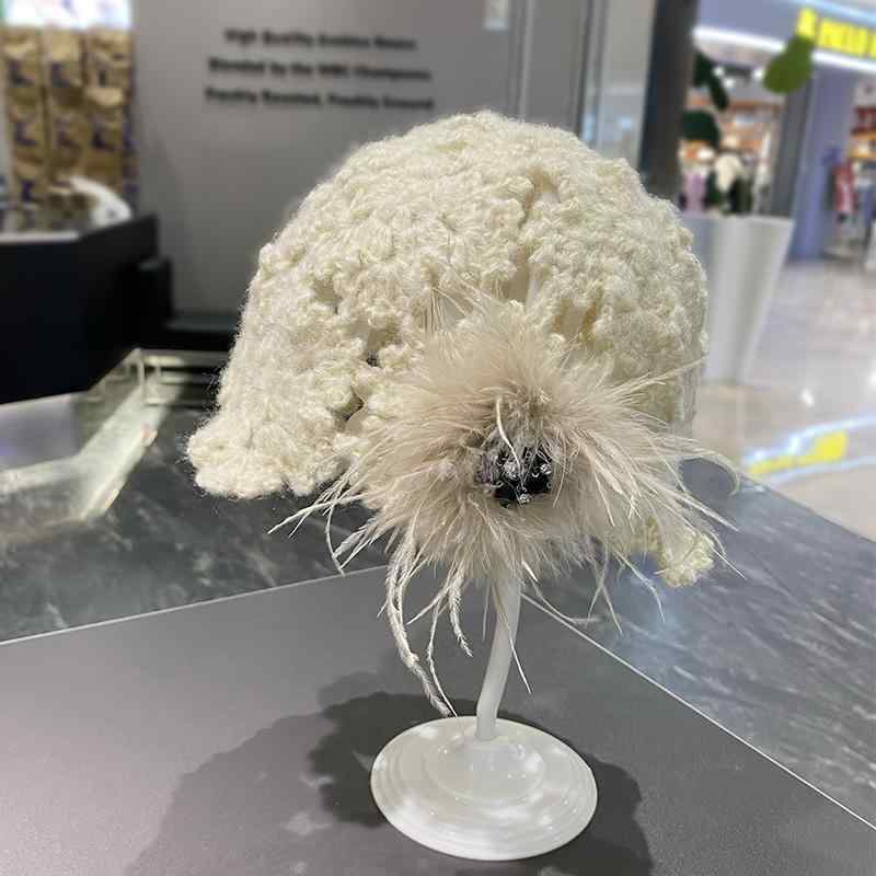 Knit Hat - 帽子 ニット帽 レディース おしゃれ ファッション 春秋 韓国 エレガント花 ウール フリーサイズ フラワー カジュアル レディース デイリー フェミニン