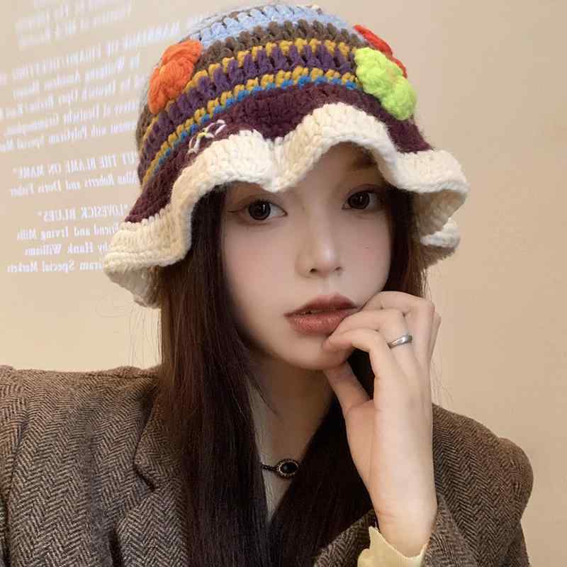 Knit Hat - 帽子 ニット帽 レディース おしゃれ ファッション 秋冬 カラフル ウール 小顔効果 かわいい バケットハット フリーサイズ カジュアル ストライプ フラワー