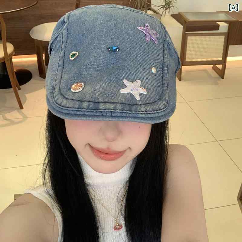 Newsboy Cap - ハンチング帽 おしゃれ ウォッシュドデニム フォワード ハット レディース 夏 レトロ Y2K キャップ 帽子 キャスケット 小顔効果 ビジュー