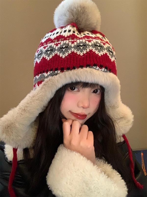 Knit Hat - 帽子 ニット帽 レディース おしゃれ ファッション ウール レディース 冬 厚手 暖かい レトロ 防寒 ふわふわ 耳当て トラディショナル カジュアル フリーサイズ