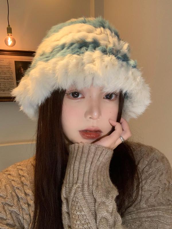 帽子 ニット帽 レディース おしゃれ ファッション バケットハット 秋冬 ストライプ 韓国 ふわふわ 小顔効果 暖かい ウール カジュアル かわいい フリーサイズ(4.0)