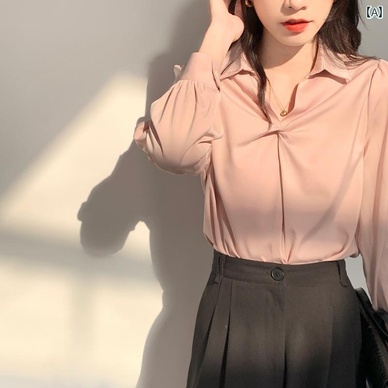 Long-Sleeved - 長袖シャツ レディース ピンク ブラウス 春秋 ポロ襟 Vネック 胸元クロス おしゃれ エレガント フェミニン スタイリッシュ フォーマル シンプル プルオーバー トップス カジュアル オフィス