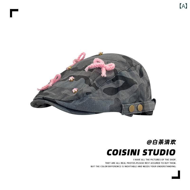 帽子 おしゃれ ハンチング アメリカン レトロ 迷彩 リボン レデイー ストリート キャスケット キャップ..