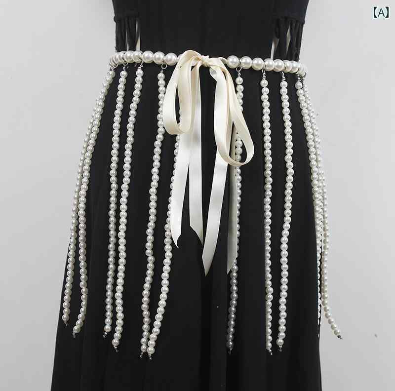 チェーンベルト レディース おしゃれ パール フリンジ ウエスト ベリーダンス アクセサリー リボン アクセント ファッション ドレスアップ ステージ