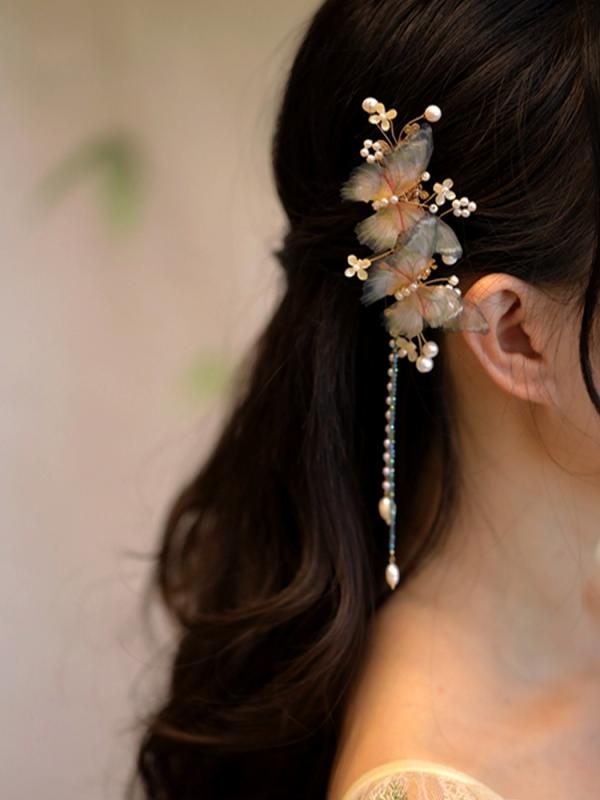 ヘアピン フェアリー 糸 蝶 タッセル サイド クリップ レトロ 漢服 帽子 バタフライ