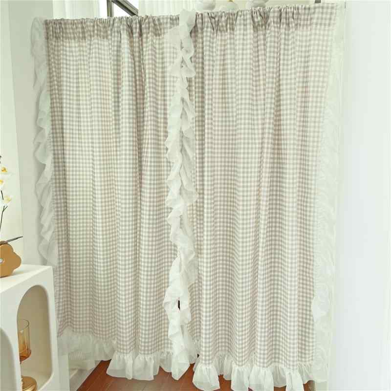 ドアカーテン 韓国 チェック レース フリル おしゃれ シンプル モダン