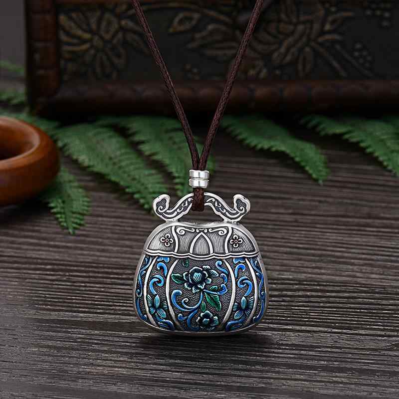 ペンダント スターリング シルバー ピース ロック ネックレス レディース レトロ 牡丹 シルバー 七宝 ロック バッグ フル シルバー 長寿