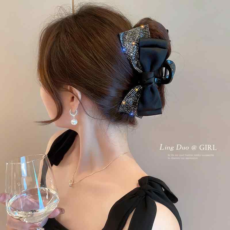 レディース ヘアアクセサリー ラインストーン リボン ヘア クリップ ヘッド バンド かわいい ブラック ..