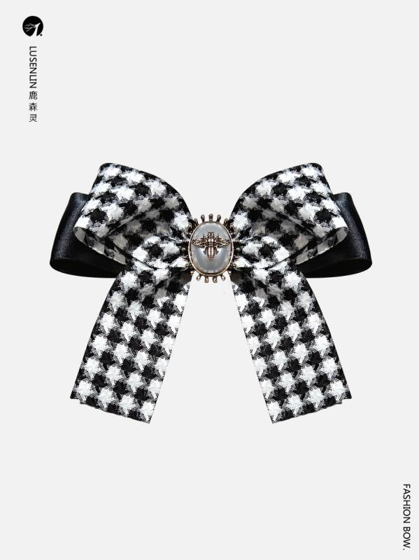 蝶ネクタイ おしゃれ 韓国 レトロ パール 蜂 黒 白 千鳥格子 エレガント 大きめ ブローチ 襟 花 アクセサリー