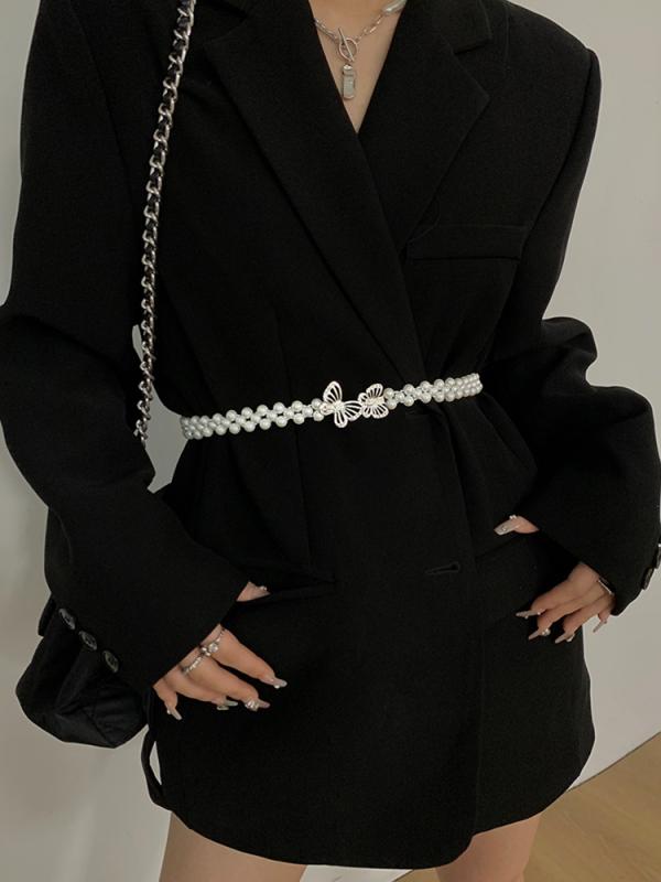 ベルト レディース おしゃれ シルバー 蝶 パール ウエスト チェーン ドレス スーツ アクセサリー ファッション(4.0)