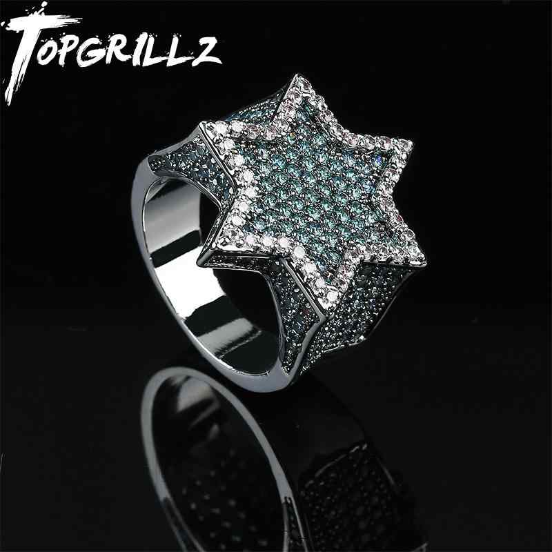 指輪 HIPHOP ジュエリー ユニセックス フランク ミント グリーン フル ストーン カップル リング アメリカ ヒップ ホップ 金 メッキ 六角リング