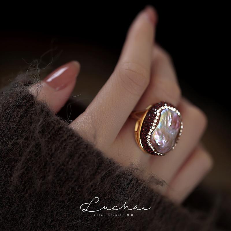 指輪 パーティー セレモニー レディース 上品 大きめ 紫 淡水 バロック 特殊 紫 パール ラインストーン..