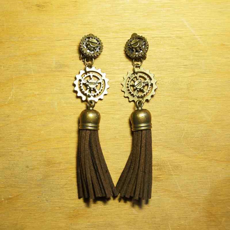 Lime - ピアス スチームパンク レトロ ギア レザー タッセル イヤリング イヤークリップ アクセサリー ピアス