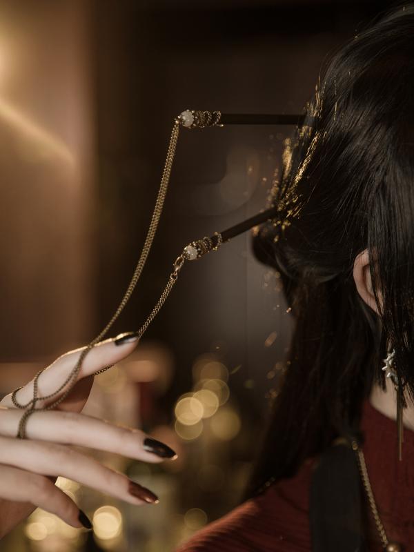 ヘアピン ダブルヘアピン 髪飾り コスプレ クラシカル レトロ 木 キャッツアイ 石 ...