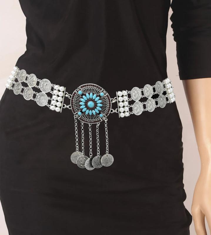 ウエスト チェーン アメリカン 豪華感 レディース ボディ チェーン ゴールドコイン タッセル ターコイズ ロング スカート ウエスト ベ..