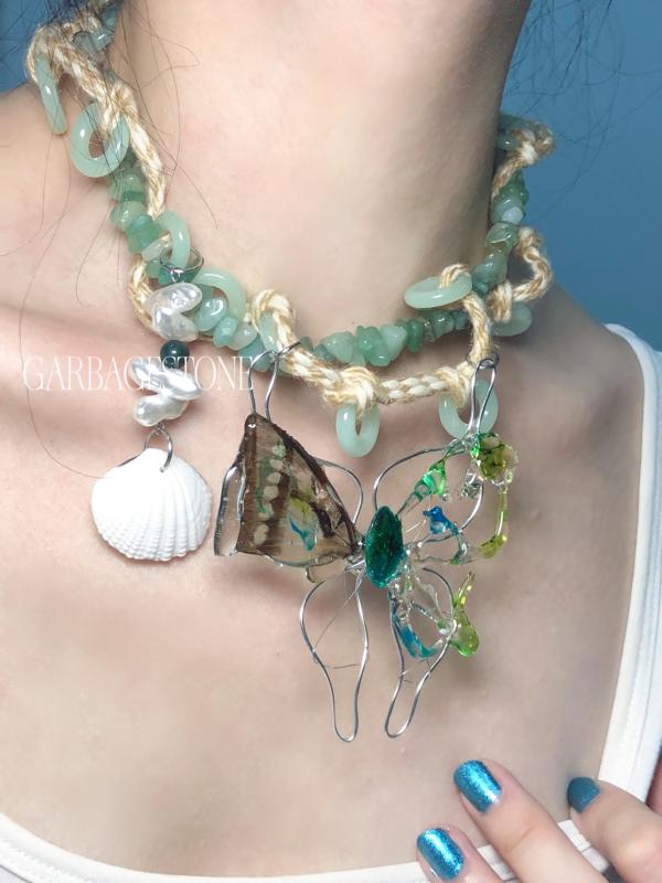 レディース ジュエリー おしゃれ グリーン バタフライ ビーズ 翡翠 麻ロープ チェーン ネックレス