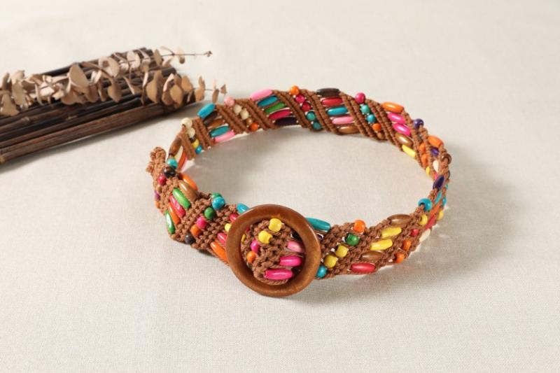 ベルト レディース おしゃれ ボヘミアン ドレス ベルト 木 バックル カラフル ビーズ 手織り ベルト ワイド スカート