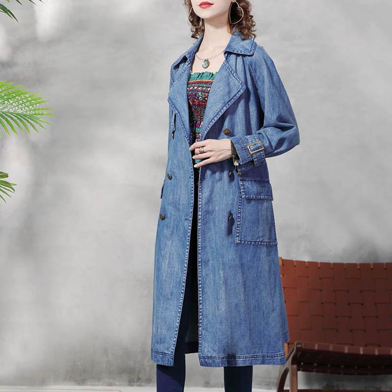 デニムコート レディース エスニック ボヘミアン おしゃれ デニムジャケット 丈 秋 ダブルブレスト デニム ウインドブレーカー 無地 コ..