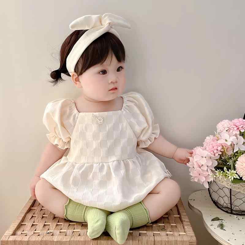 ベビー 服 夏 薄手 パフスリーブ バッグ 赤ちゃん ウェア 少女 プリンセス 夏服 ベージュ ジャンプスーツ ヘッドバンド ドレス 半袖 かわいい