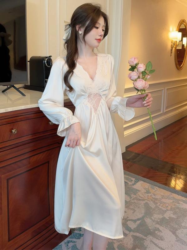 ネグリジェ ナイトガウン パジャマ 寝間着 ゆったり 秋冬 ひんやり 涼しい 快適 くつろぎ ギフト ルームウェア ホームウェア レディース