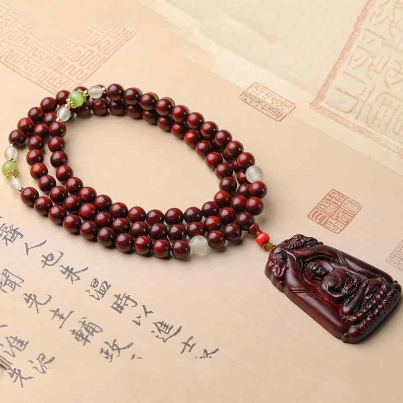 数珠 中国風 アクセサリー 小さめ葉 紫檀 仏陀 ビーズ 木彫り 仏陀 お守り ペンダント 無垢材 彫刻 ネックレス セーター チェーン バックミラー ペンダント