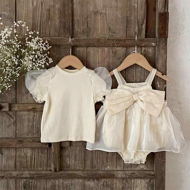 シャツ ロンパース スカート 赤ちゃん品 キッズ 子供 おしゃれ ファッション かわいい 女の子 夏 韓国 アプリコット リボン コットン 薄手 2点セット
