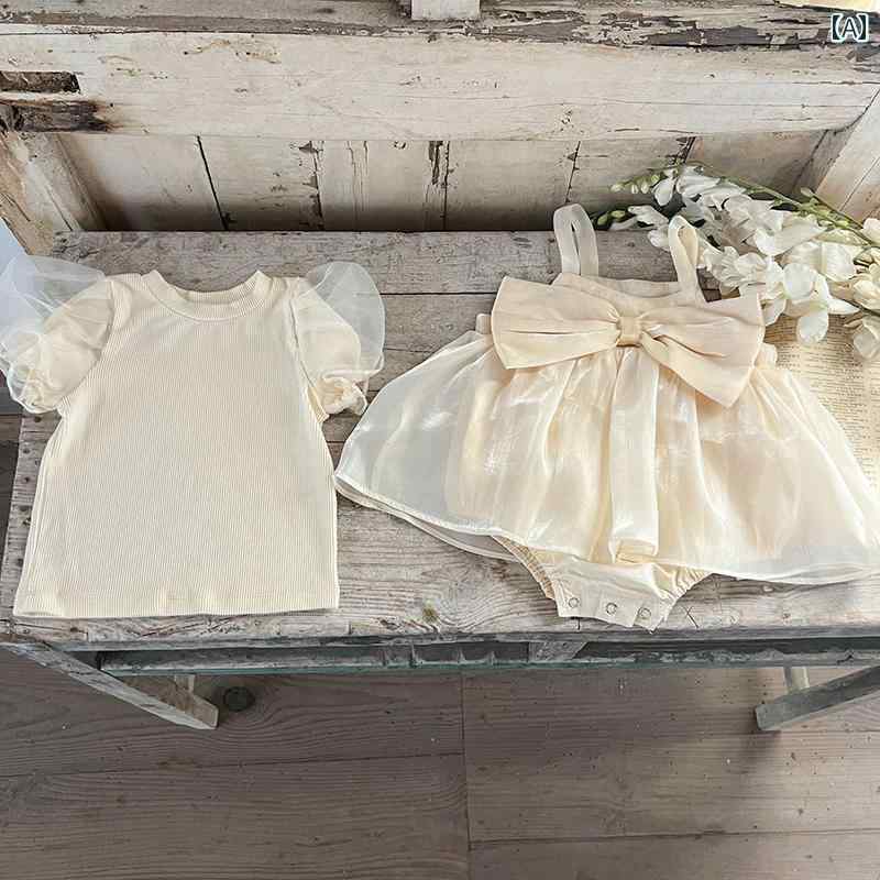 シャツ ロンパース スカート 赤ちゃん品 キッズ 子供 おしゃれ ファッション かわいい 女の子 夏 韓国 アプリコット リボン コットン 薄手 2点セット